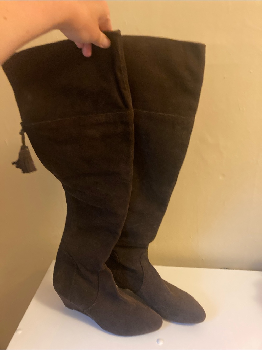 Juicy Couture Dark Brown Over-the-Knee Suede Wedge Boots